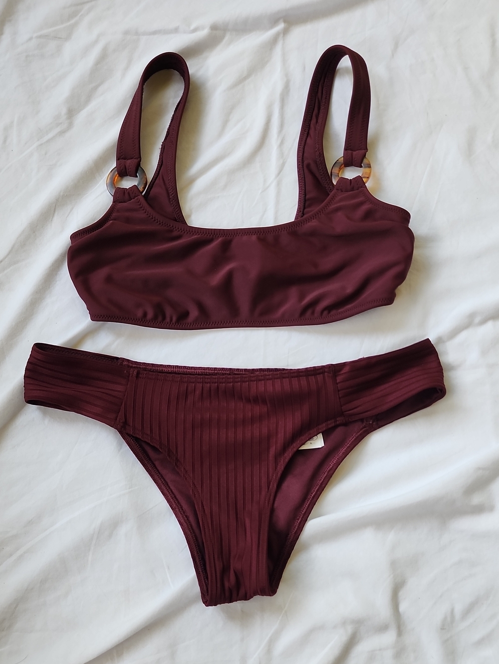 Abercrombie & Fitch Maroon Ribbed Bikini Set  Ring Accents XS Top Small Bottom